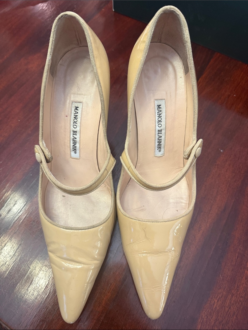 Manolo Blahnik Beige Patent Mary Jane Pointed-Toe Pumps